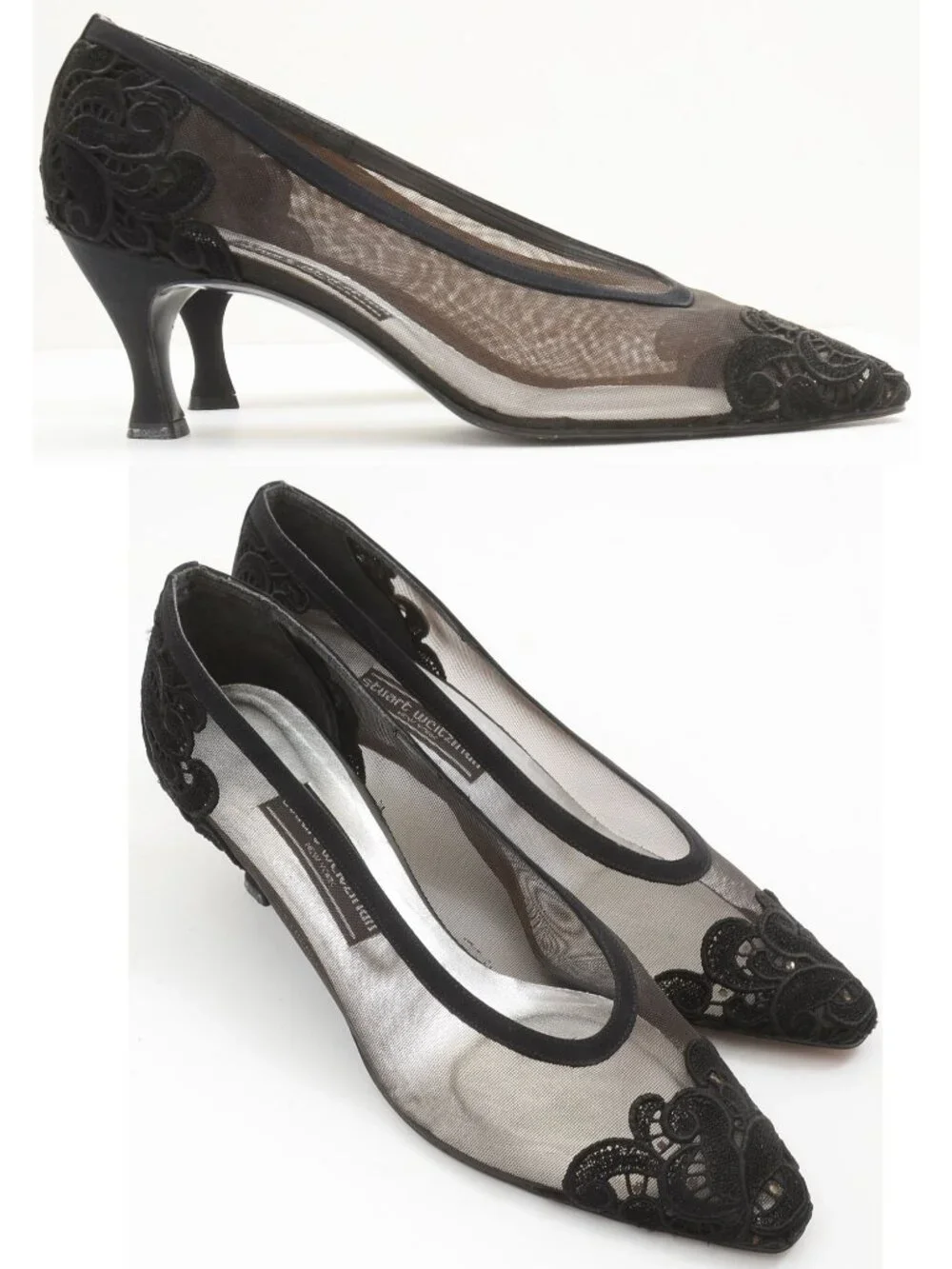 Vintage Stuart Weitzman Women's 8 Mesh Embroidered Kitten Heel Pumps Classic